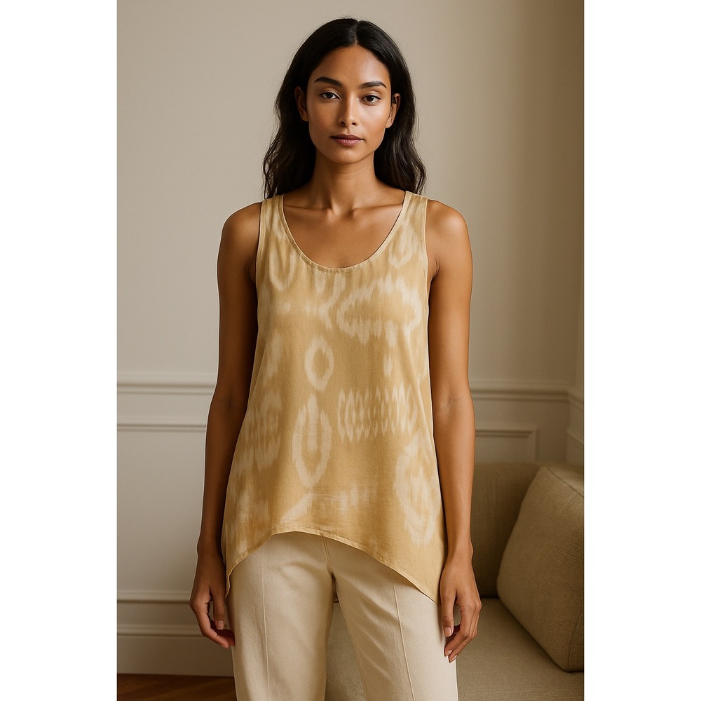 Brochu Walker Ikat Tank Tunic Top S Cupro Tencel Beige Sleeveless Asymmetrical